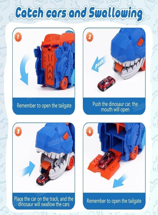 Brighterbee Dinosaur Track Truck Toys for Boys 3 4 5 6 7 8 Year Old - 2 Layer Transformed Dinosaur Transport Car Carrier Truck with 2 Diecast Race Cars, Multi Color - Image 4